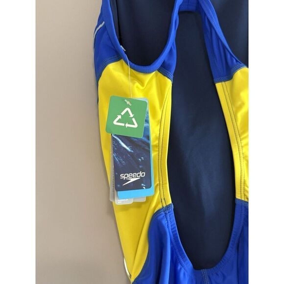 Speedo One Piece Swimsuit 12 Blue Yellow Gold Sporty PowerFlex Eco Splice Back - Picture 8 of 16